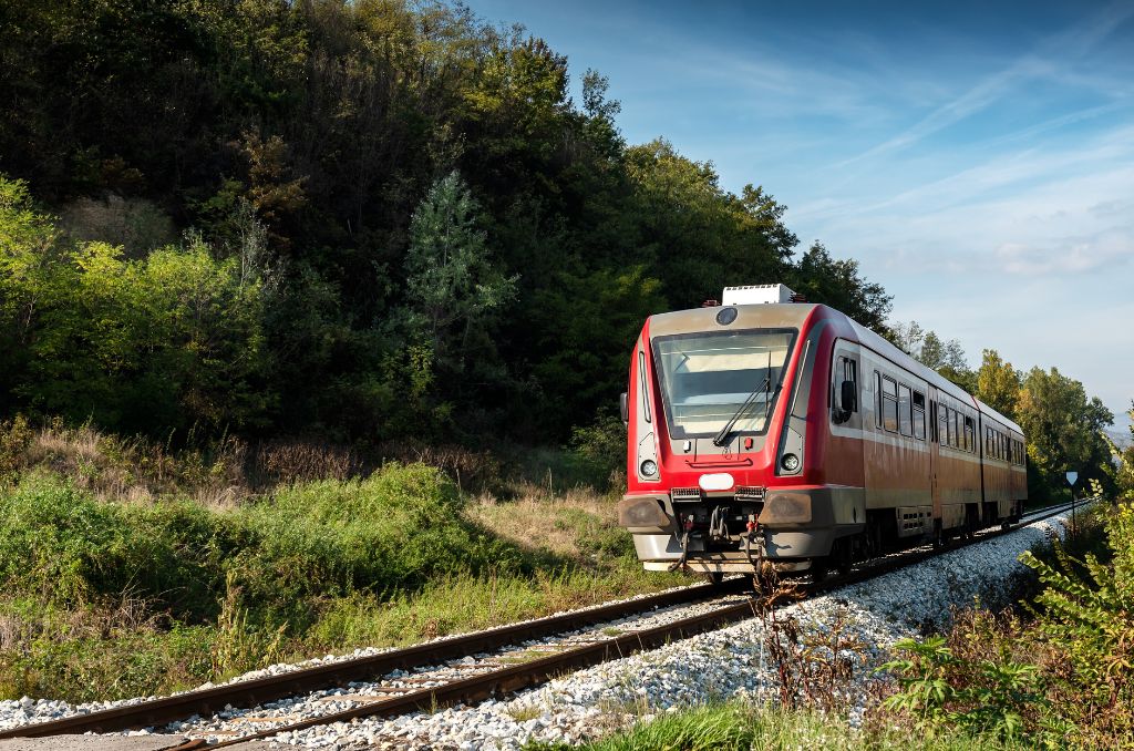 Regionalzug in naturnaher Umgebung.